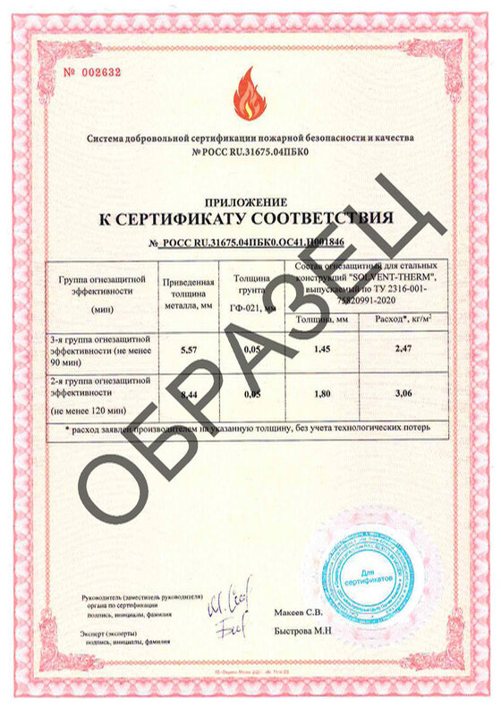 Сертификат соответствия на огнезащитную краску Solvent-Therm (3 гр. R90, 2 гр. R120)